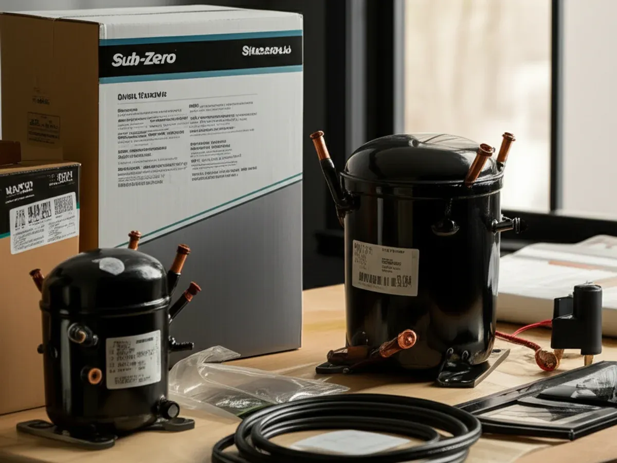 Two black replacement compressors on a bench beside a printed parts carton, with copper tubing and a coiled line