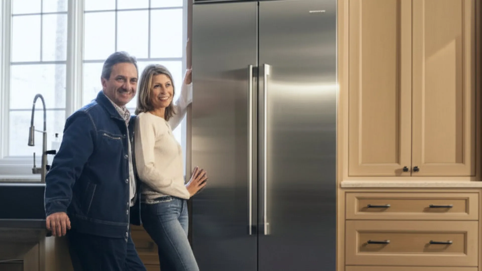 A couple beside a full-height stainless refrigerator in a bright kitchen with cream cabinets and a window over the sink