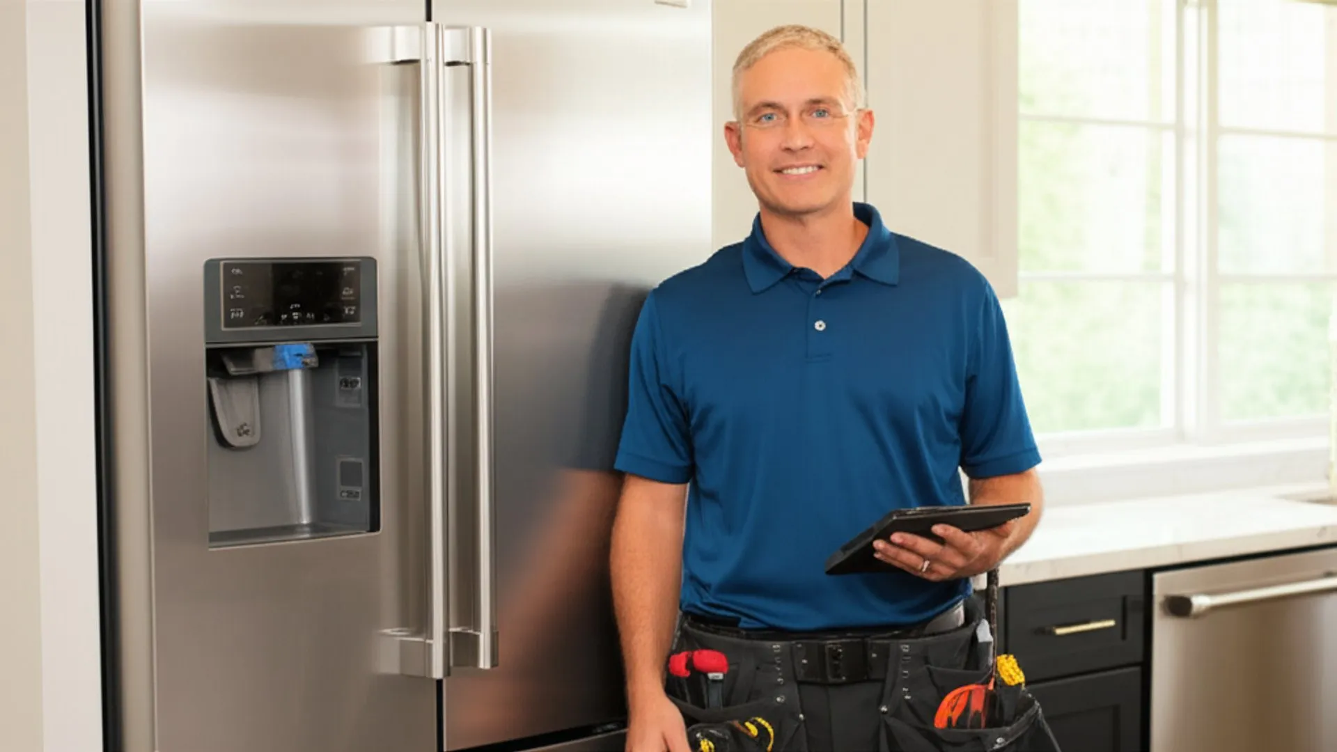 A stainless French-door refrigerator with a through-door ice and water dispenser, a person holding a tablet standing beside it