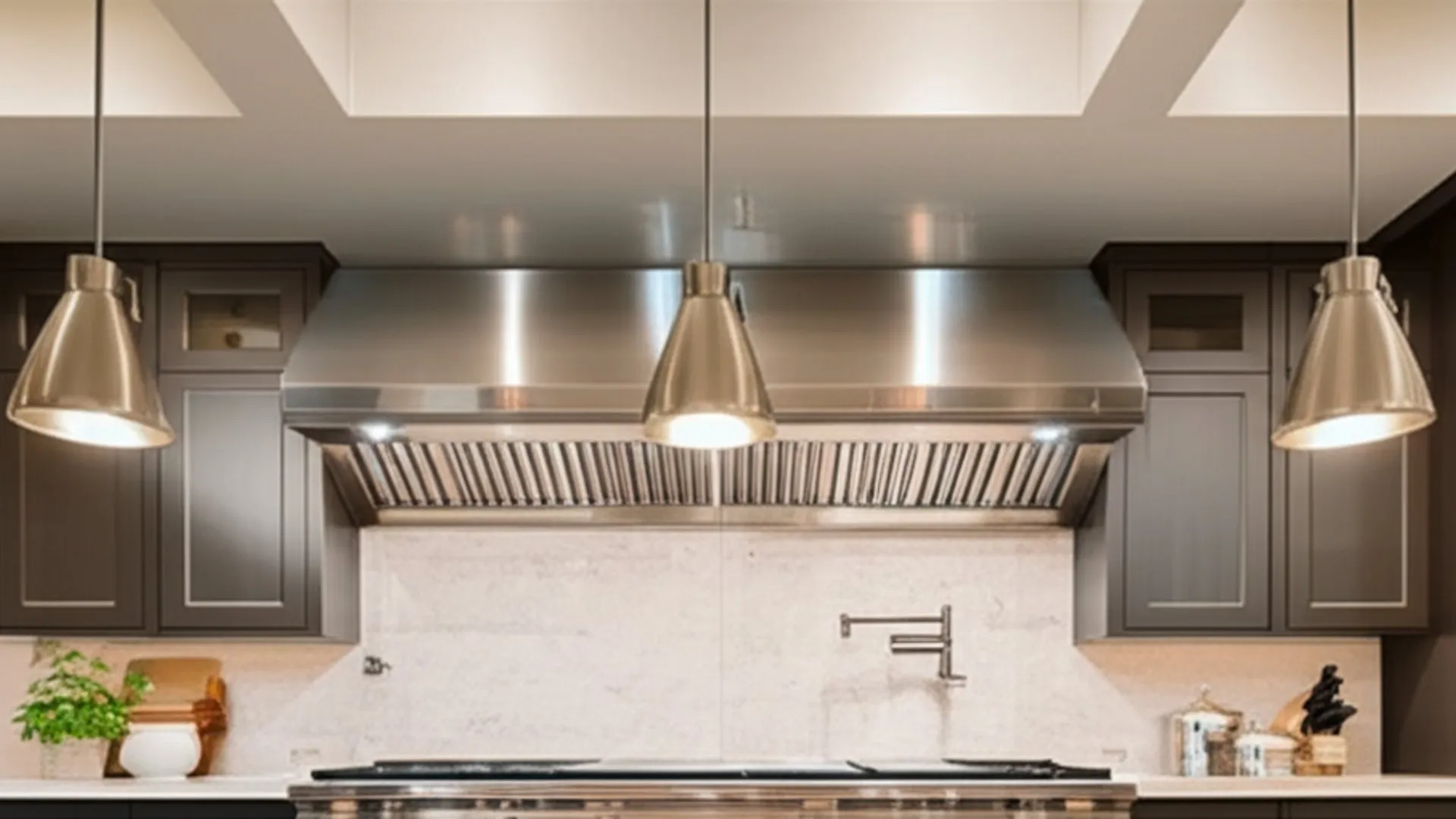 A kitchen with three pendant lights over a stone counter and a wide stainless ventilation hood above the cooking surface