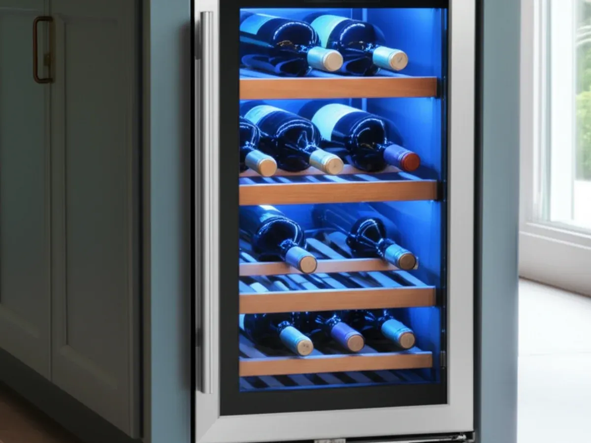A tall glass-door wine cabinet lit blue inside, bottles resting on wooden shelves within a grey cabinet surround
